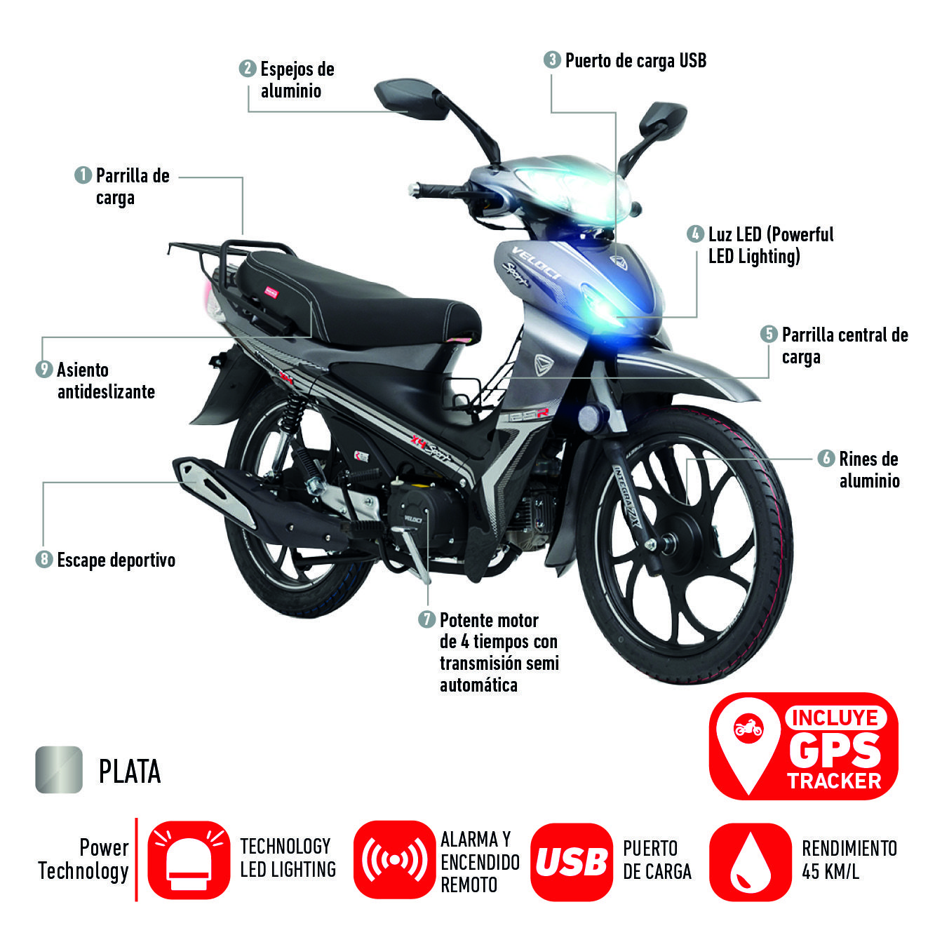 MOTOCICLETA SEMIAUTOM TICA VELOCI ARGENT X4 125 C C Tiendas Aguirre