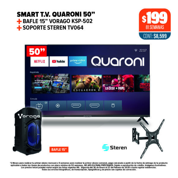 Smart TV Quaroni 50" + Bafle Vorago 15” + Soporte Steren