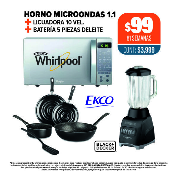 Horno de Microondas Whirlpool + Licuadora + Batería 5 piezas