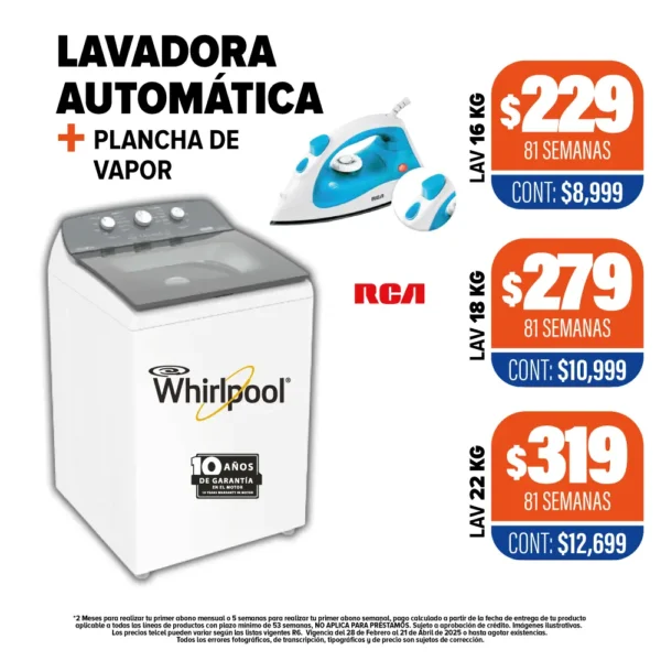 Lavadora Automática Whirlpool + Plancha de Vapor