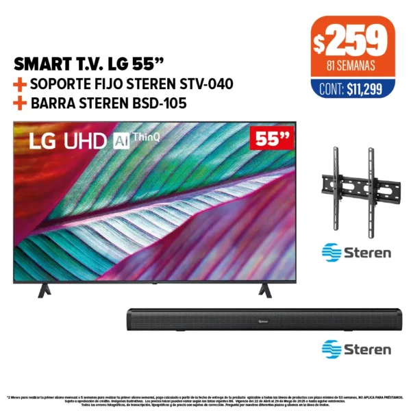Smart TV LG 55" + Soporte Steren + Barra Steren
