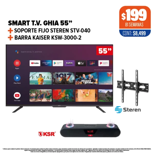 Smart TV GHIA 55" + Soporte Steren + Barra KSR