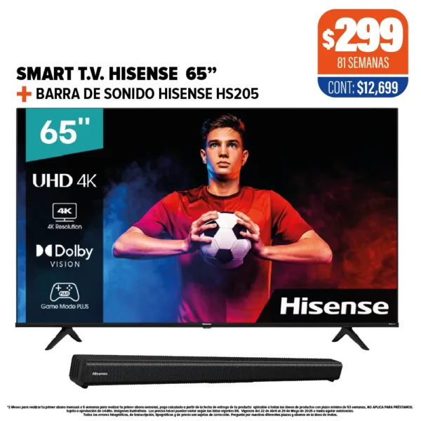 Smart TV HISENSE 65" + Barra Hisense