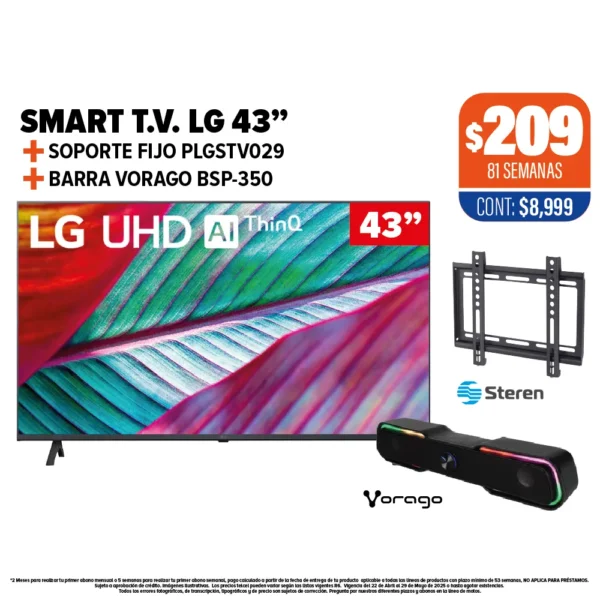 Smart TV LG 43" + Soporte Steren + Barra Vorago