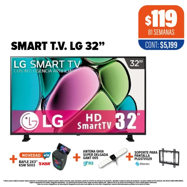 Smart TV LG 32" + Bafle KSR + Antena GHIA + Soporte Steren