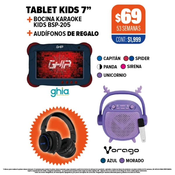 Tablet Kids 7” + Bocina Karaoke + Audífonos de regalo
