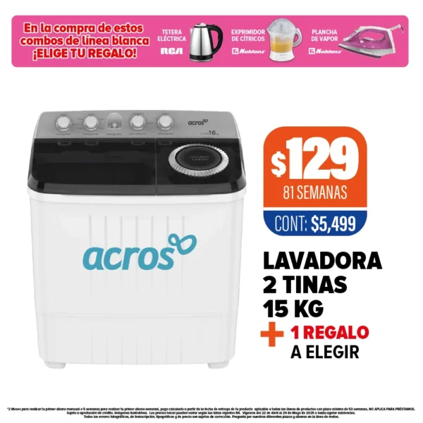 Lavadora ACROS 2 tinas 15 Kg + 1 Regalo a elegir