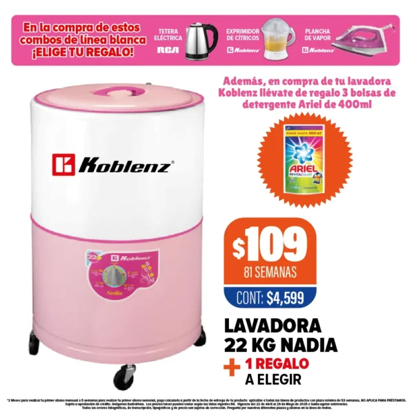 Lavadora Koblenz 22kg Nadia + 1 Regalo a elegir