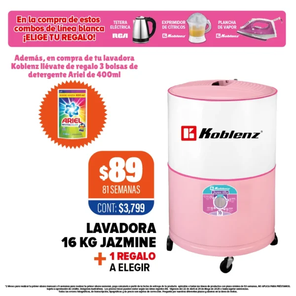 Lavadora Koblenz 16kg Jazmine + 1 Regalo a elegir