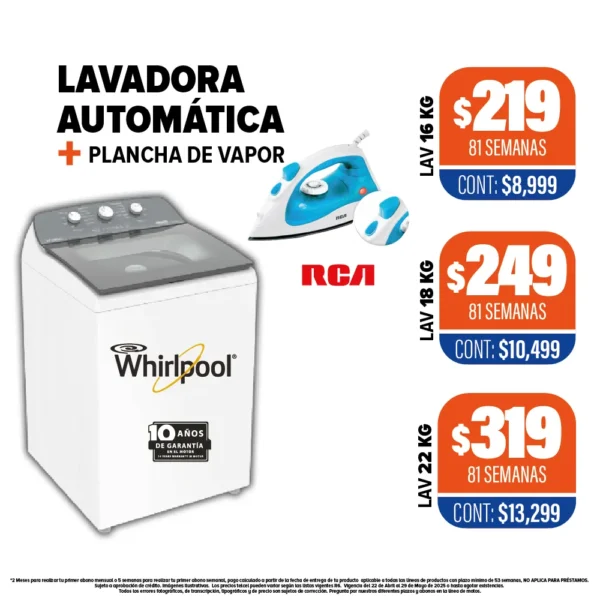 Lavadora Automática Whirlpool + Plancha de vapor RCA