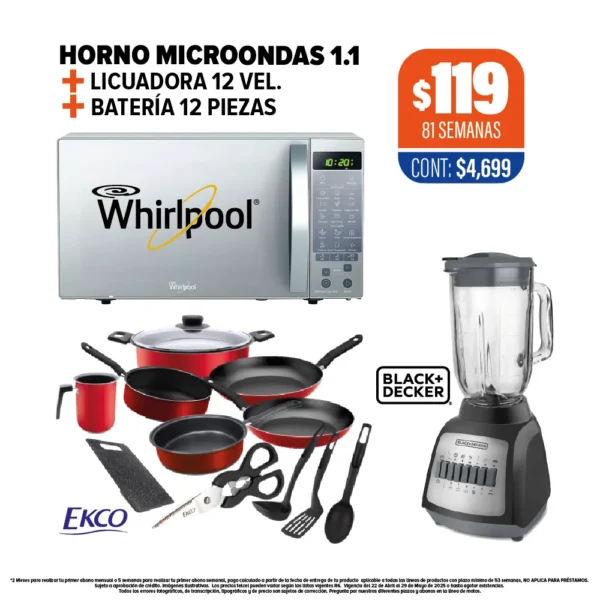 Horno de Microondas 1.1 Whirlpool + Licuadora + Batería