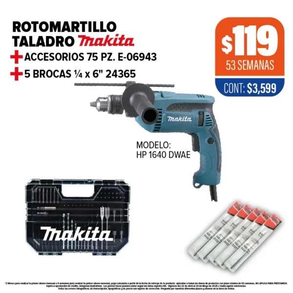 Rotomartillo Taladro Makita + Accesorios + 5 Brocas