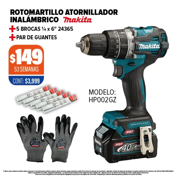 Rotomartillo Atornillador inalámbrico Makita + 5 Brocas + Guantes