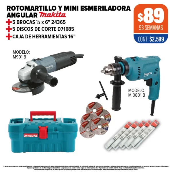 Rotomartillo y Miniesmeriladora angular Makita + 5 Brocas + 5 Discos + Caja de Herramientas