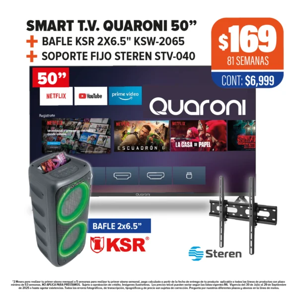 SMART T.V. QUARONI 50" + BAFLE 2X6.5" + SOPORTE FIJO