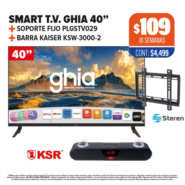 SMART T.V. GHIA 40" + SOPORTE FIJO + BARRA KAISER