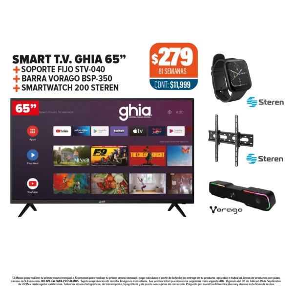 SMART T.V. GHIA 65” + SOPORTE FIJO + BARRA + SMARTWATCH