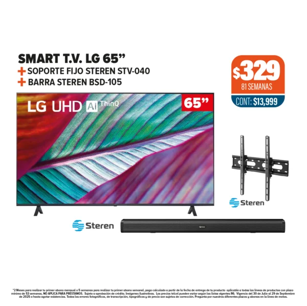 SMART T.V. LG 65” + SOPORTE FIJO + BARRA