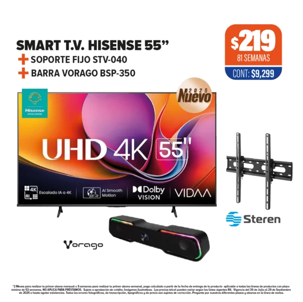 SMART T.V. HISENSE 55” + SOPORTE FIJO + BARRA