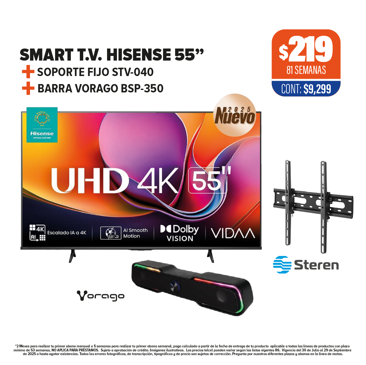 SMART T.V. HISENSE 55” + SOPORTE FIJO + BARRA