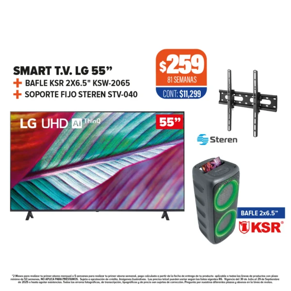 SMART T.V. LG 55” + BAFLE 2X6.5” + SOPORTE FIJO