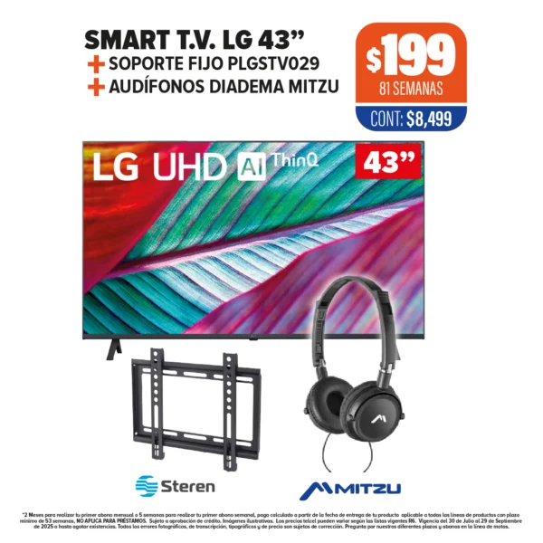 SMART T.V. LG 43" + SOPORTE FIJO + AUDIFONOS