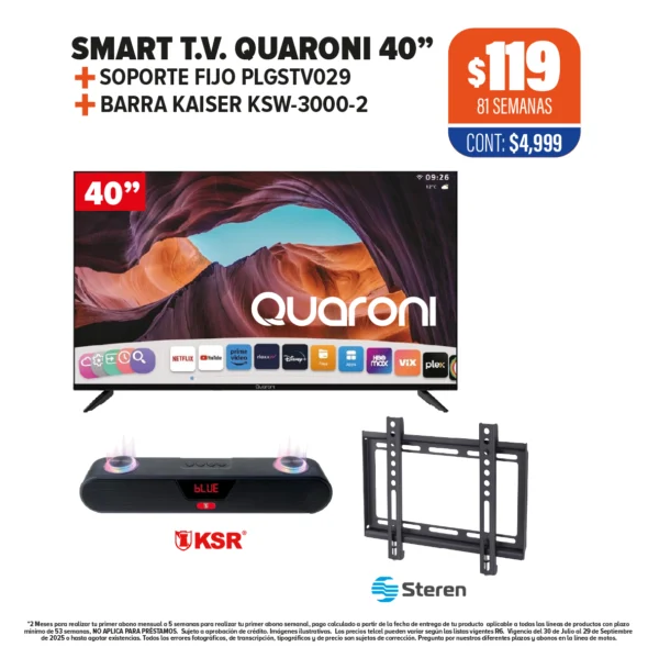 SMART T.V. QUARONI 40” + SOPORTE FIJO + BARRA