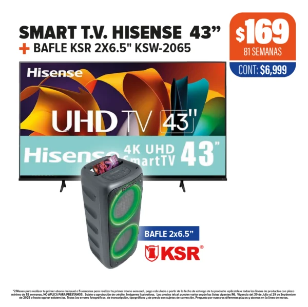 SMART T.V. HISENSE 43” + BAFLE 2X6.5"