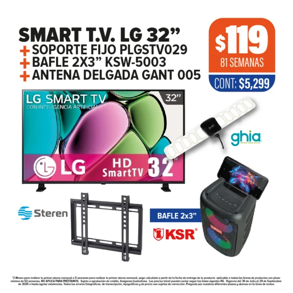 SMART T.V. LG 32" + SOPORTE FIJO + BAFLE 2X3” + ANTENA