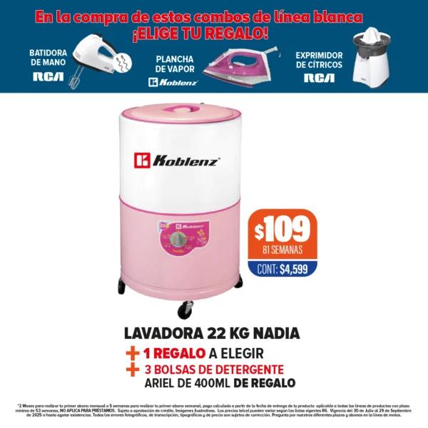 LAVADORA KOBLENZ NADIA 22KG + 1 REGALO + DETERGENTE