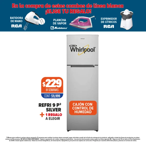 REFRIGERADOR WHIRLPOOL 9 P3 SILVER + 1 REGALO