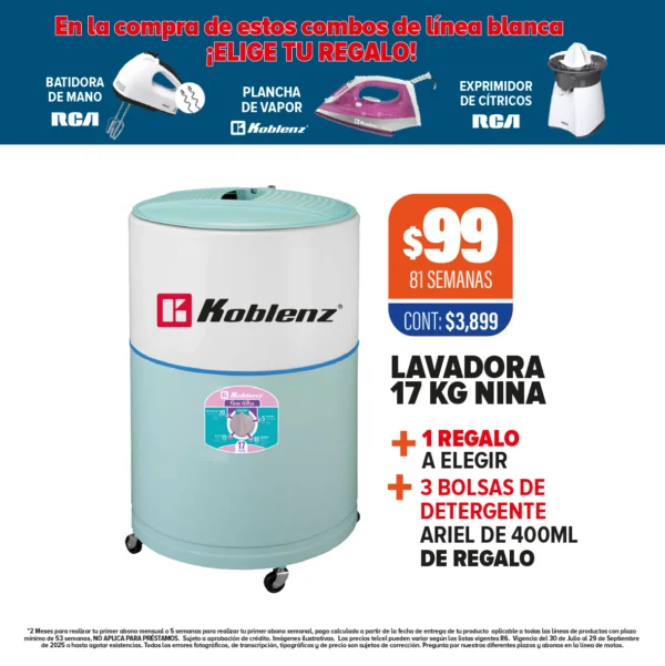 LAVADORA KOBLENZ NINA 17 KG + 1 REGALO + DETERGENTE