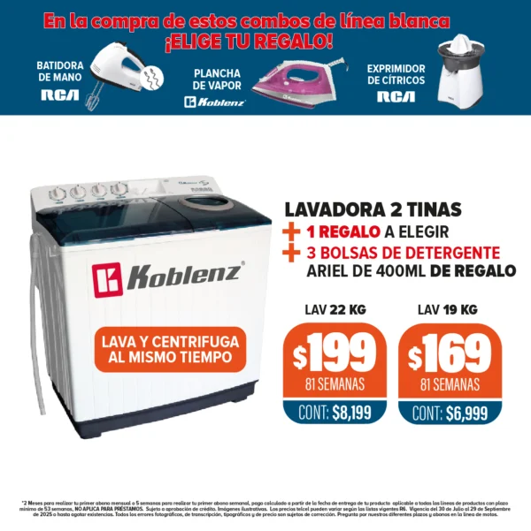 LAVADORA 2 TINAS KOBLENZ + 1 REGALO + DETERGENTE