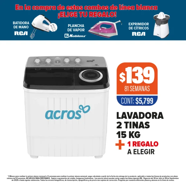 LAVADORA ACROS 2 TINAS 15 KG + 1 REGALO