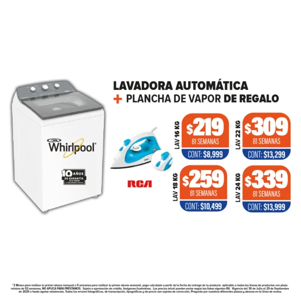LAVADORA AUTOMÁTICA WHIRLPOOL + PLANCHA DE REGALO