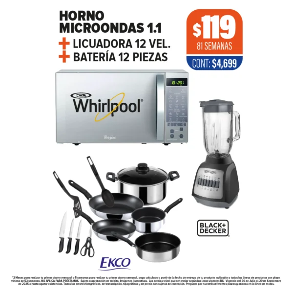 HORNO MICROONDAS WHIRLPOOL 1.1 + LICUADORA + BATERÍA