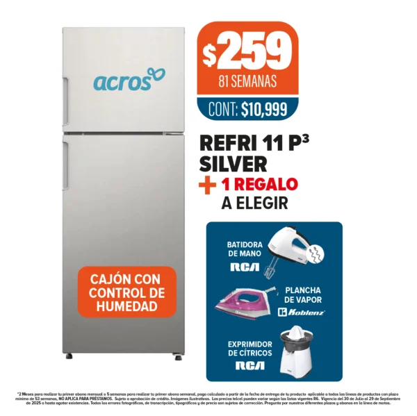REFRIGERADOR ACROS 11 P3 SILVER + 1 REGALO