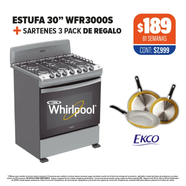 ESTUFA WHIRLPOOL 30” + SARTENES 3 PACK DE REGALO