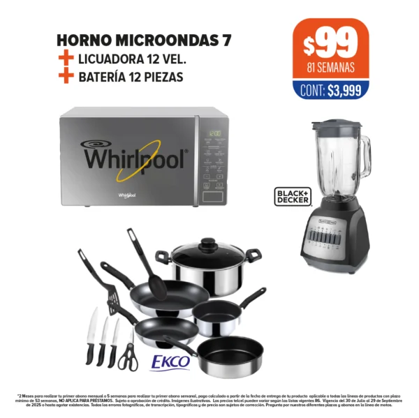 HORNO MICROONDAS WHIRLPOOL 7 + LICUADORA + BATERÍA