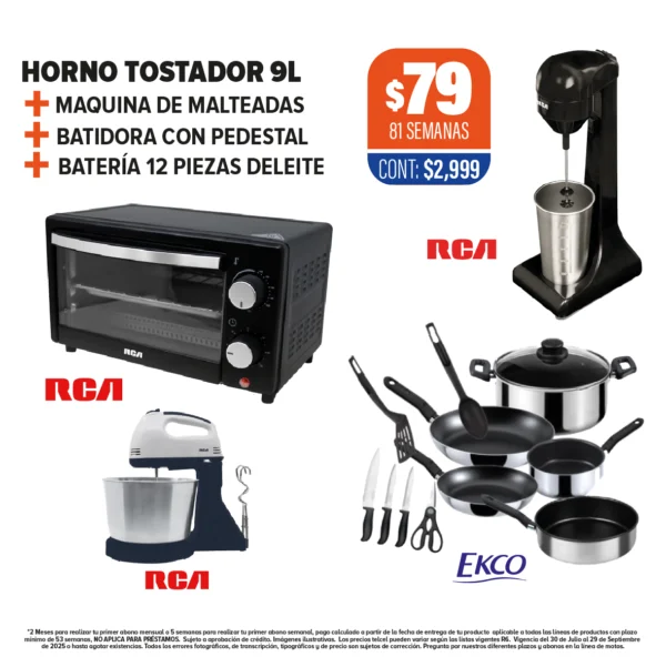 HORNO TOSTADOR RCA 9L + MAQUINA DE MALTEADAS + BATIDORA PEDESTAL + BATERÍA