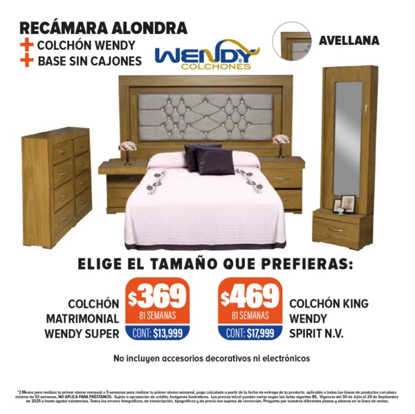 RECÁMARA ALONDRA + COLCHÓN WENDY + BASE