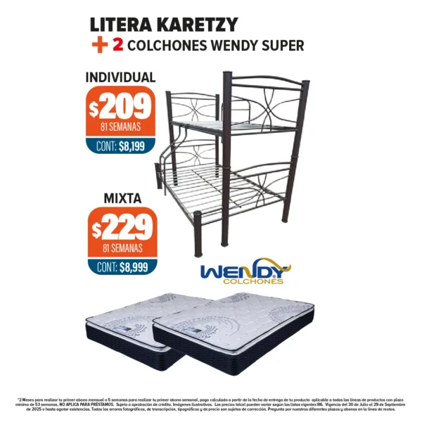 LITERA KARETZY +  2 COLCHONES WENDY SUPER