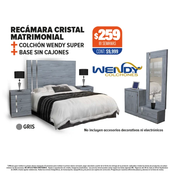 RECÁMARA CRISTAL + COLCHÓN WENDY + BASE
