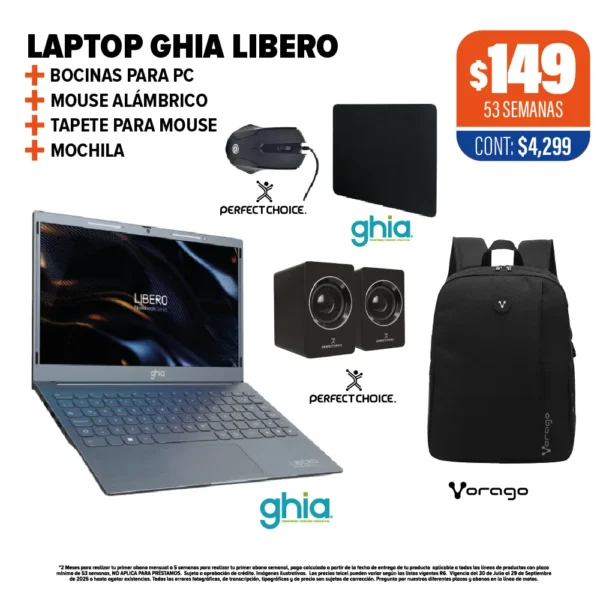 LAPTOP GHIA LIBERO + BOCINAS + MOUSE + MOCHILA + TAPETE