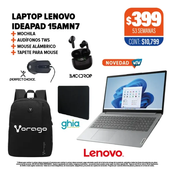 LAPTOP LENOVO + AUDÍFONOS + MOUSE + MOCHILA + TAPETE
