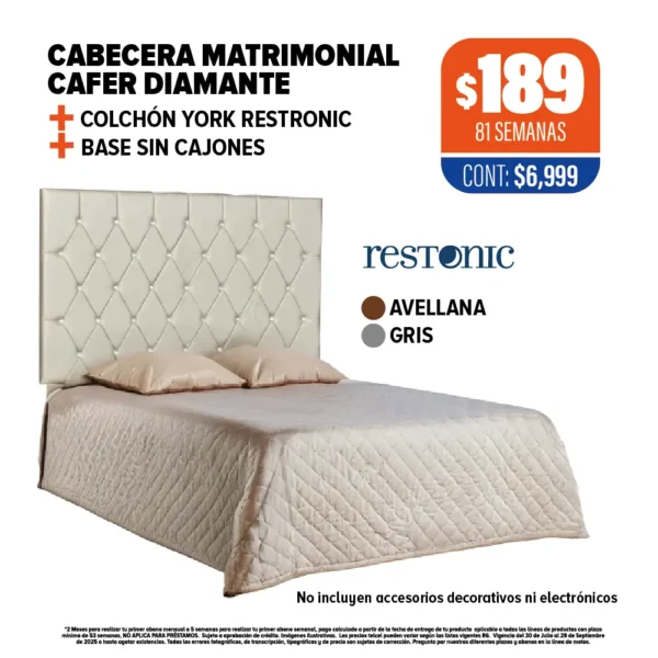CABECERA CAFER DIAMANTE + COLCHÓN RESTONIC + BASE