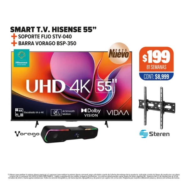 SMART TV HISENSE 55" + SOPORTE + BARRA DE SONIDO