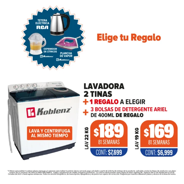 LAVADORA 2 TINAS KOBLENZ + 1 REGALO