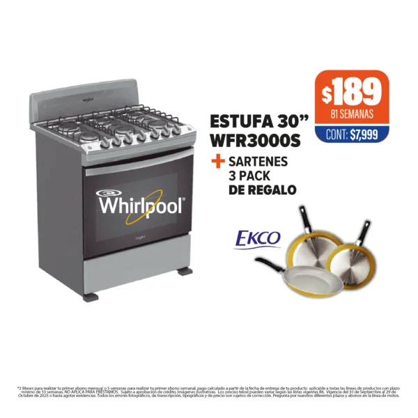 ESTUFA WHIRLPOOL 30” + SARTENES 3 PACK