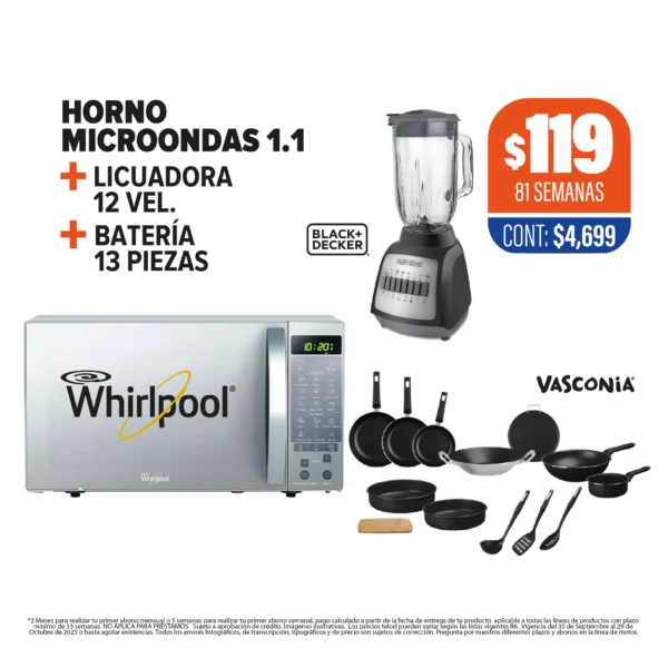 HORNO MICROONDAS WHIRLPOOL + LICUADORA +BATERÍA